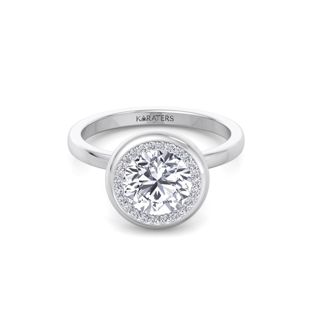Bezel Set Round Shape Halo Lab Grown Diamond Engagement Ring White Gold 14K