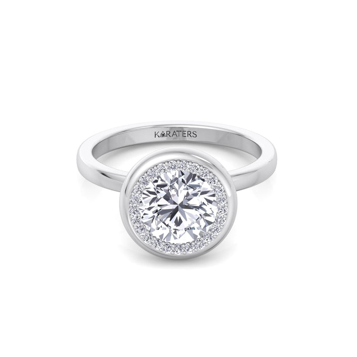Bezel Set Round Shape Halo Lab Grown Diamond Engagement Ring White Gold 14K