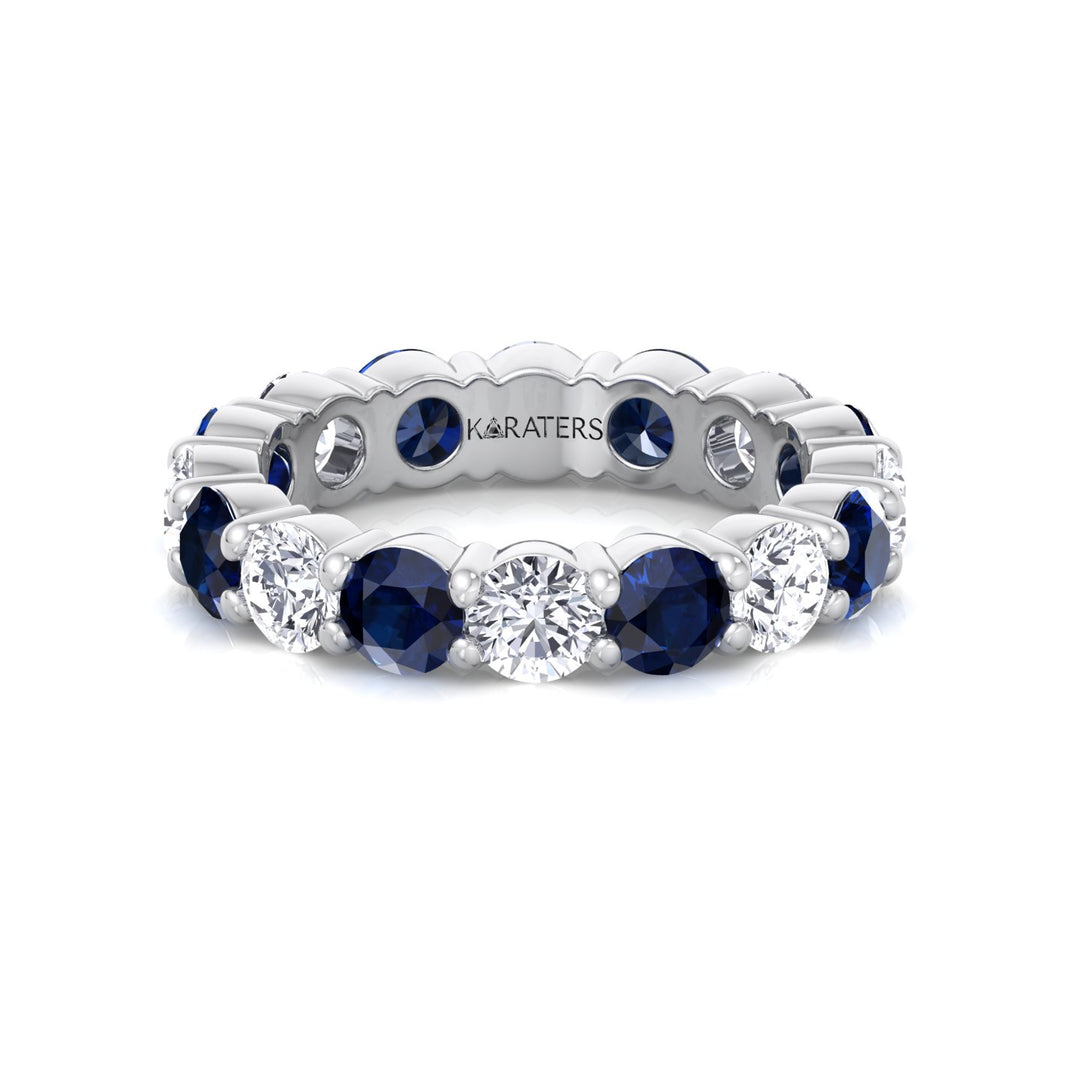 Alternating Round Shape Lab Grown Blue Sapphire and Diamonds Eternity Band White Gold 14K 