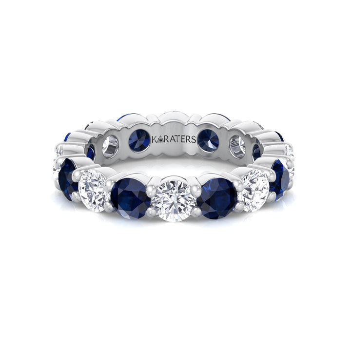 Alternating Round Shape Lab Grown Blue Sapphire and Diamonds Eternity Band White Gold 14K 