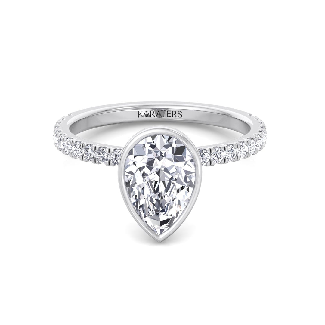 Bezel Set Pear Shape Lab Grown Diamond Engagement Ring With Pave Band White Gold  18K