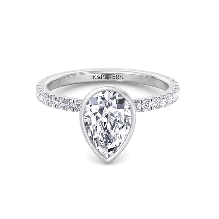 Bezel Set Pear Shape Lab Grown Diamond Engagement Ring With Pave Band White Gold  18K