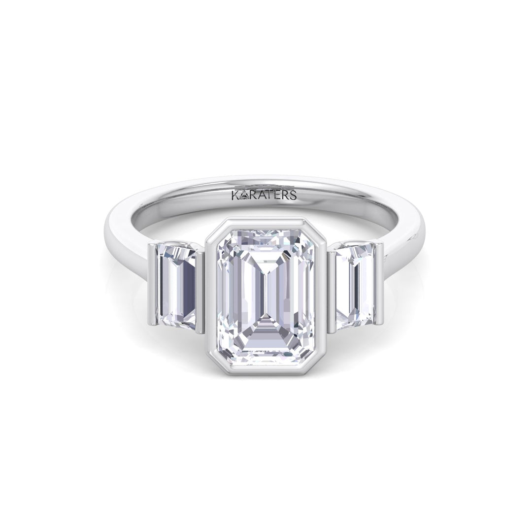Three Stone Emerald Shape Lab Grow Diamond Engagement Ring White Gold 14K