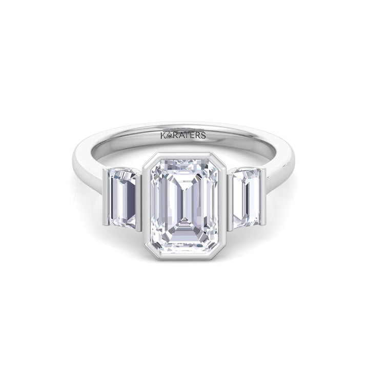 Three Stone Emerald Shape Lab Grow Diamond Engagement Ring White Gold 14K