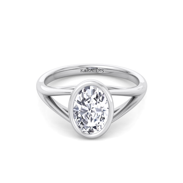 Bezel Set Oval Shape Lab-Grown Diamond Split Shank Engagement Ring White Gold 18K