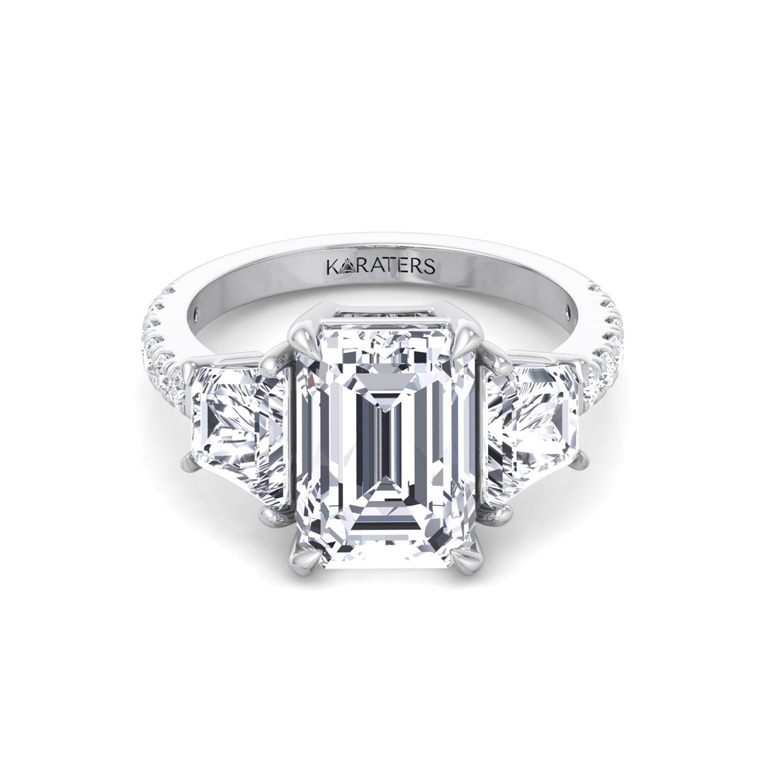 Emerald & Trapezoid Three Stone Lab-Grown Diamond Engagement Ring with Sidestones White Gold 14K 