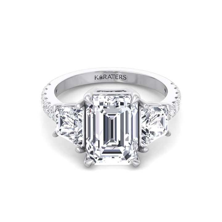 Emerald & Trapezoid Three Stone Lab-Grown Diamond Engagement Ring with Sidestones White Gold 14K 