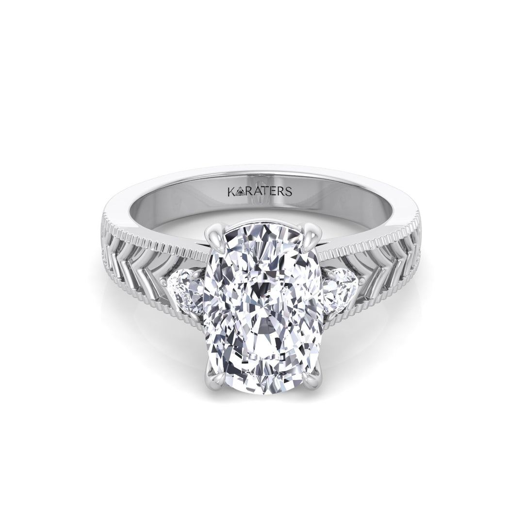 Vintage Style Elongated Cushion-Cut Lab Grown Diamond Engagement Ring with Pear Sidestones White Gold 14K