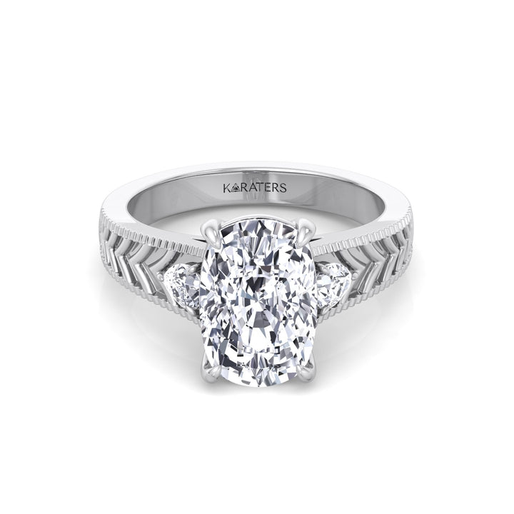 Vintage Style Elongated Cushion-Cut Lab Grown Diamond Engagement Ring with Pear Sidestones White Gold 14K