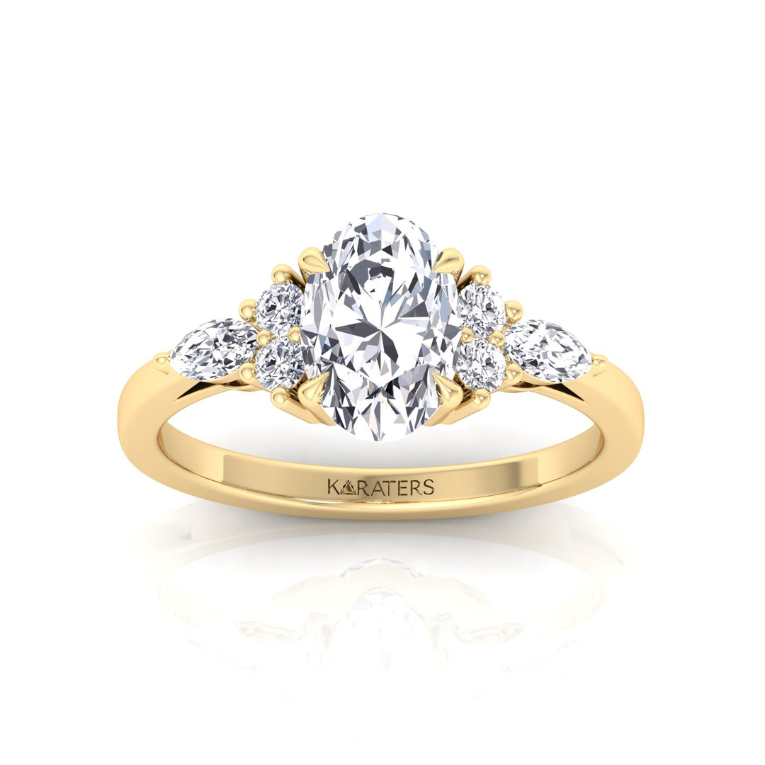 Oval Cut Lab Grown Diamond Engagement Ring with Round and Marquise SideStones Yellow Gold 14K 18K
