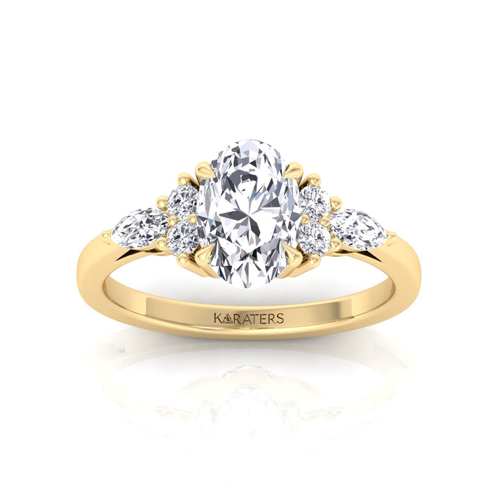Oval Cut Lab Grown Diamond Engagement Ring with Round and Marquise SideStones Yellow Gold 14K 18K