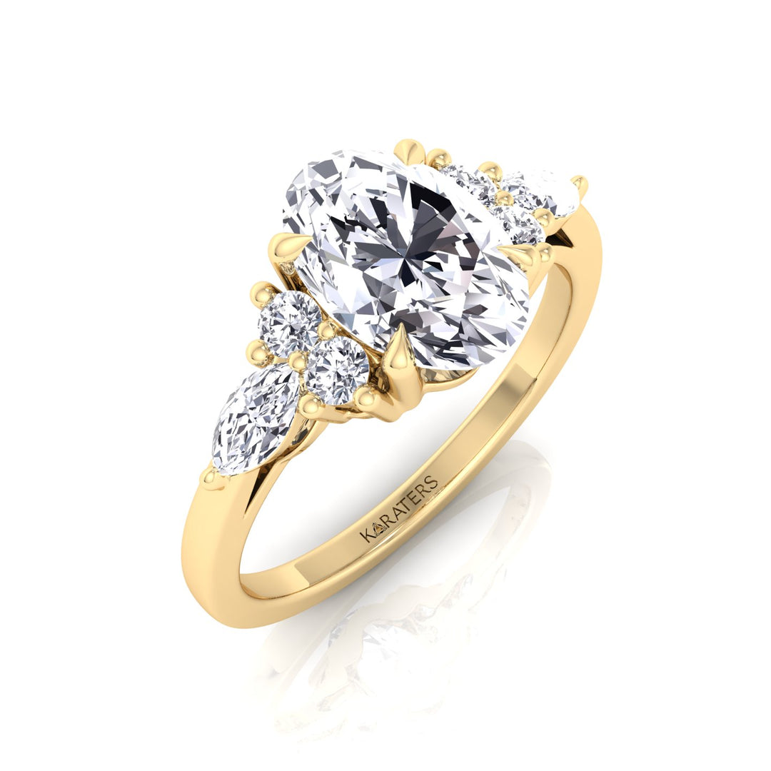 Oval Cut Lab Grown Diamond Engagement Ring with Round and Marquise SideStones Yellow Gold 14K 