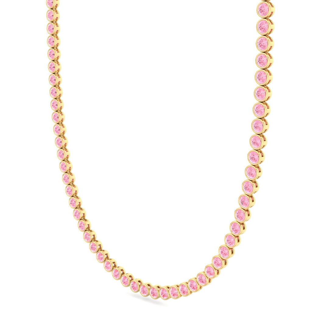 Bezel Set Fancy Pink Lab Grown Diamond Tennis Necklace 18K Yellow Gold 