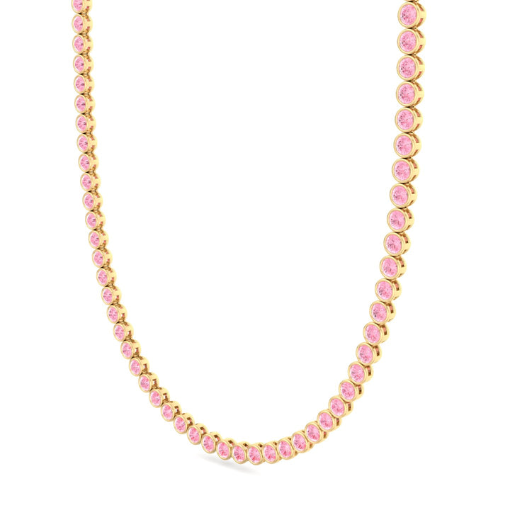 Bezel Set Fancy Pink Lab Grown Diamond Tennis Necklace 18K Yellow Gold 