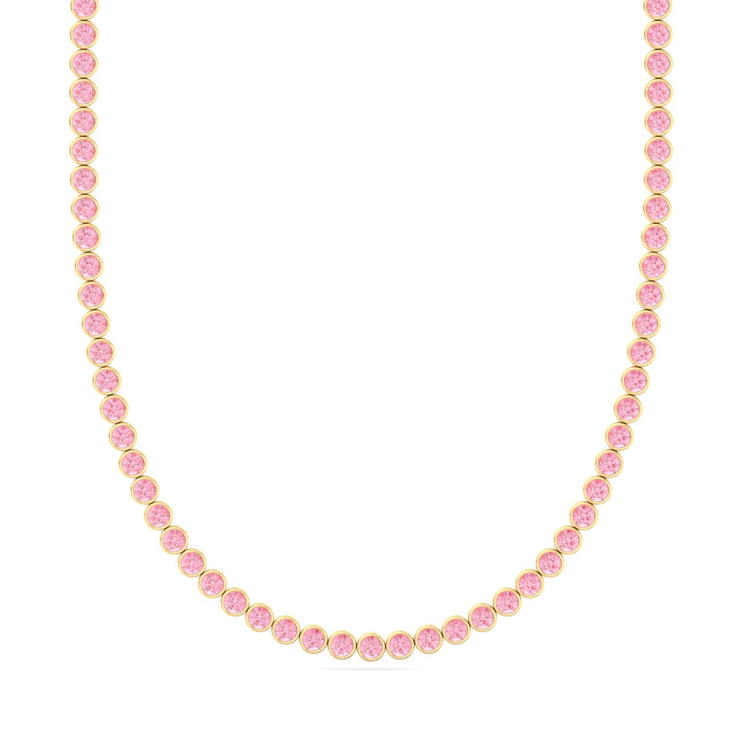 Bezel Set Fancy Pink Lab Grown Diamond Tennis Necklace 18k Yellow Gold 2