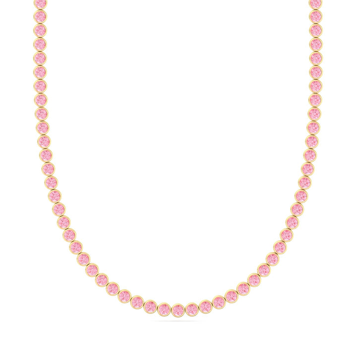 Bezel Set Fancy Pink Lab Grown Diamond Tennis Necklace 18k Yellow Gold 2