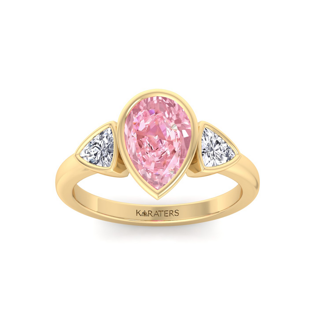 Fancy Pink Pear Shape Lab-Grown  Ring with Sidestones YG 2
