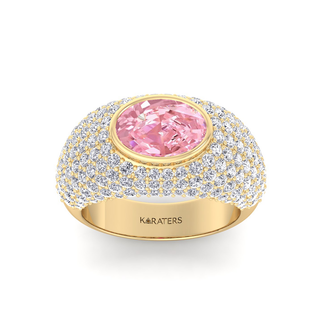 Fancy Pink Oval Shape Lab Grown  In Wide Pave Band Ring YG 2