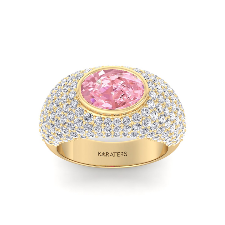 Fancy Pink Oval Shape Lab Grown  In Wide Pave Band Ring YG 2