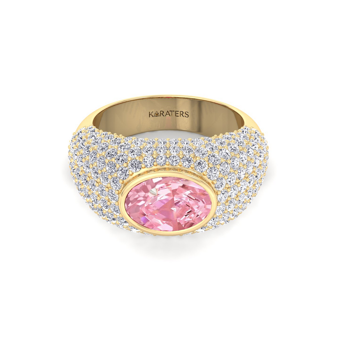 Fancy Pink Oval Shape Lab Grown  In Wide Pave Band Ring YG 3