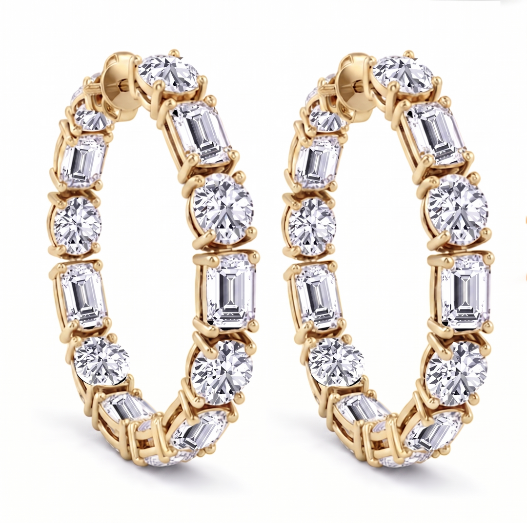 Emerald Cut and Round Alternating Natural Diamond Hoop Earrings YG 2