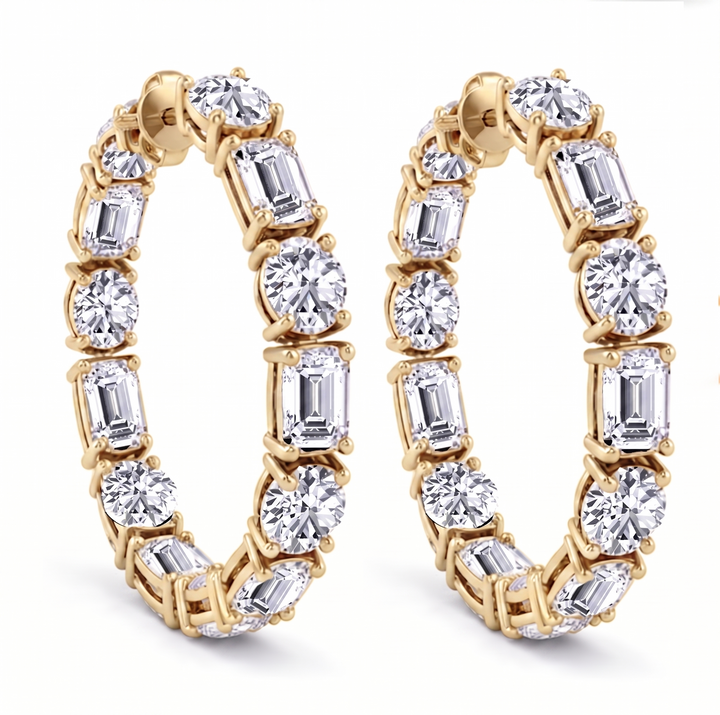 Emerald Cut and Round Alternating Natural Diamond Hoop Earrings YG 2