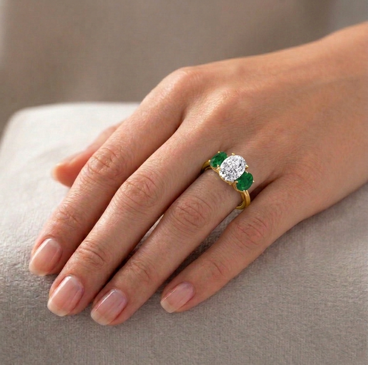 Oval Shape Lab Grown with Green Emerald Oval Shape Sidestone YG lifestyle