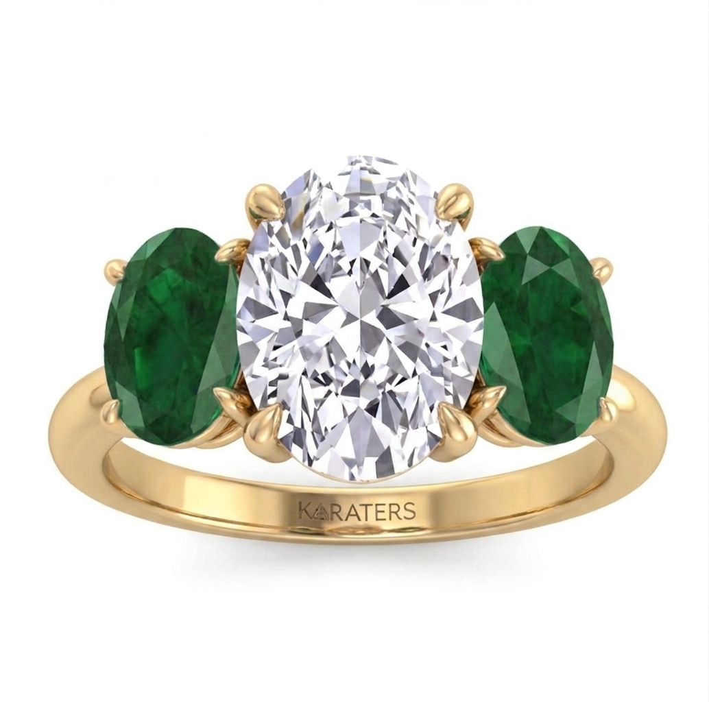 Oval Shape Lab Grown with Green Emerald Oval Shape Sidestone YG 2
