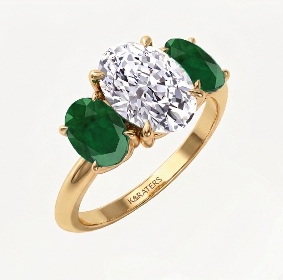 Oval Shape Lab Grown with Green Emerald Oval Shape Sidestone YG