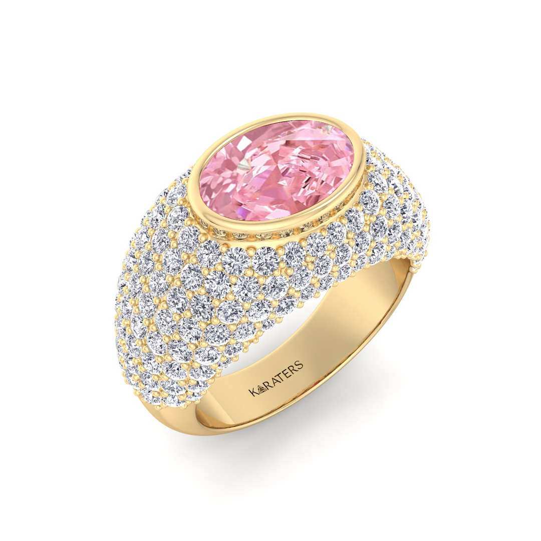 Fancy Pink Oval Shape Lab Grown  In Wide Pave Band Ring YG