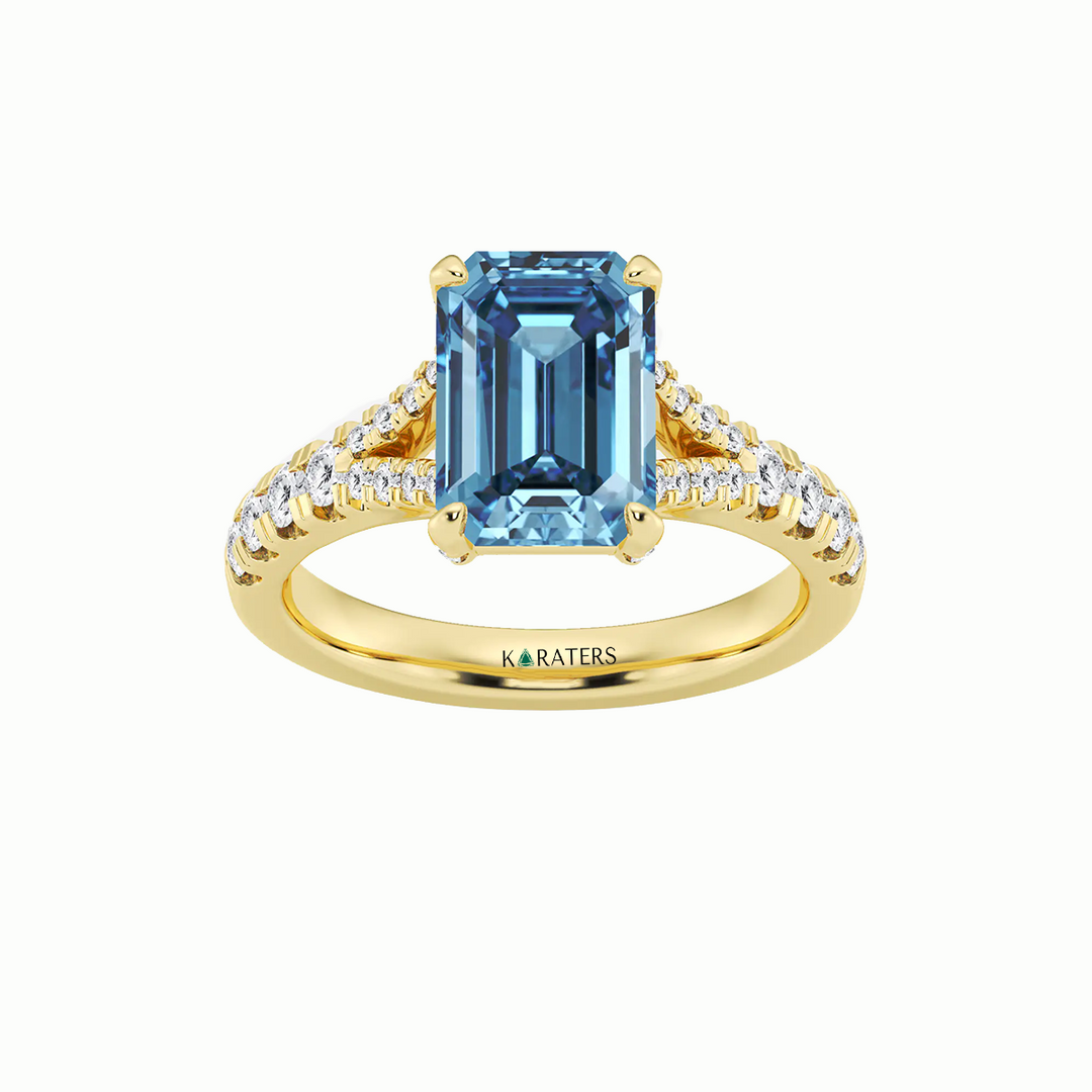 Fancy Blue Emerald Shape Lab Grown Diamond Split Shank Engagement Ring Yellow Gold 18K