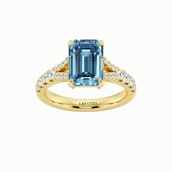 Fancy Blue Emerald Shape Lab Grown Diamond Split Shank Engagement Ring Yellow Gold 18K