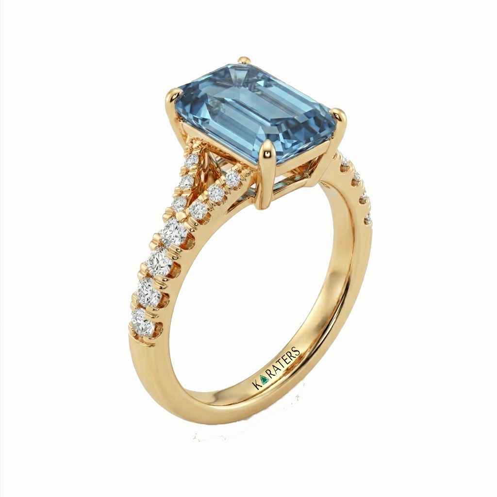 Fancy Blue Emerald Shape Lab Grown Diamond Split Shank Engagement Ring Yellow Gold 14K