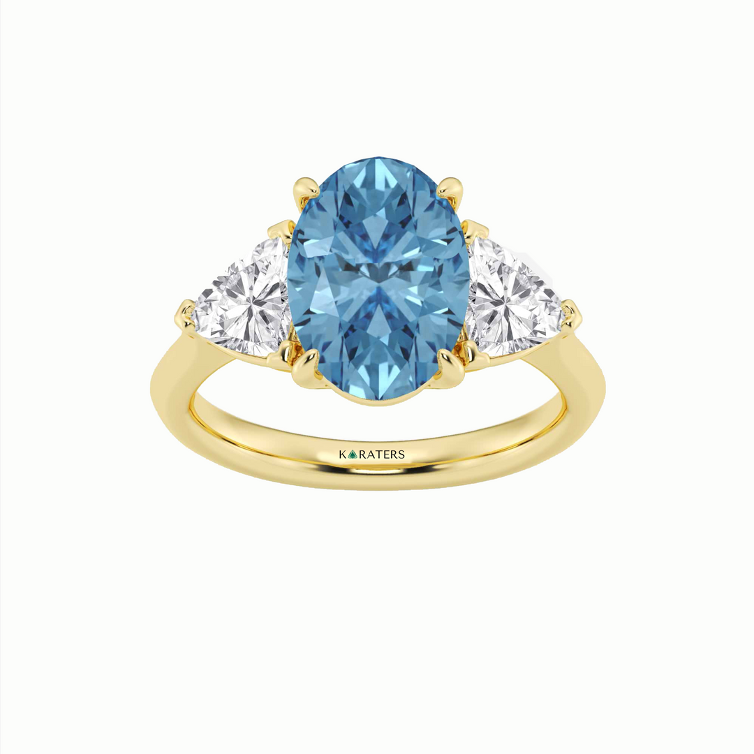 Fancy Blue Oval Shape Lab Grown Diamond Engagement Ring with Trillion Sidestones Yellow Gold 18K