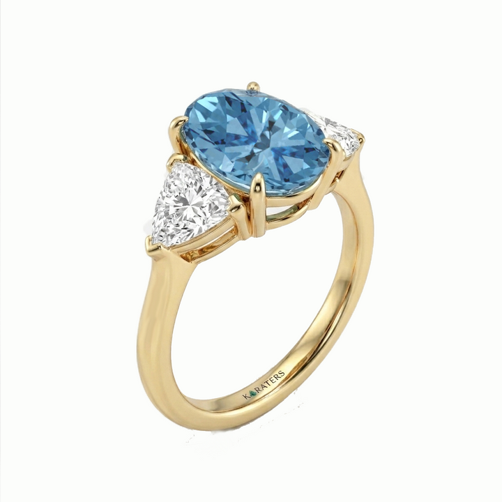 Fancy Blue Oval Shape Lab Grown Diamond Engagement Ring with Trillion Sidestones Yellow Gold 14K
