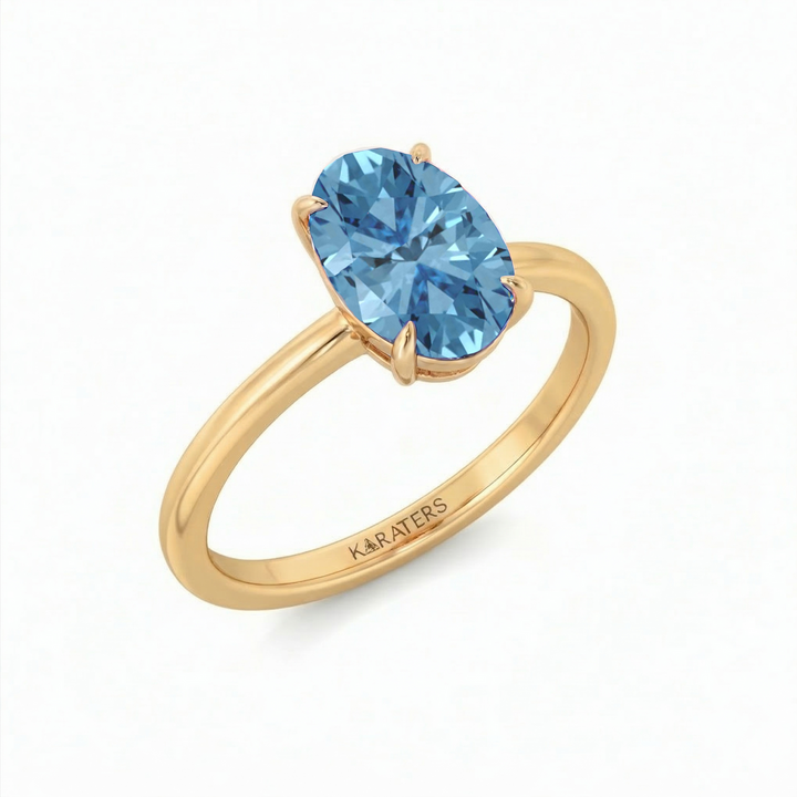 Fancy Blue Oval Shape Solitaire Lab Grown Diamond Engagement Ring  Yellow Gold 18K