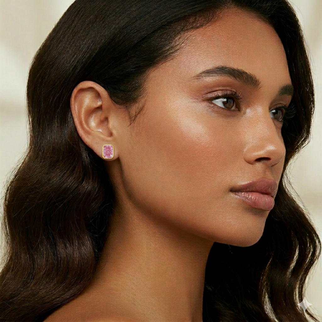 Bezel Set Fancy Pink Radiant Cut Lab Grown Diamond Studs YG lifestyle