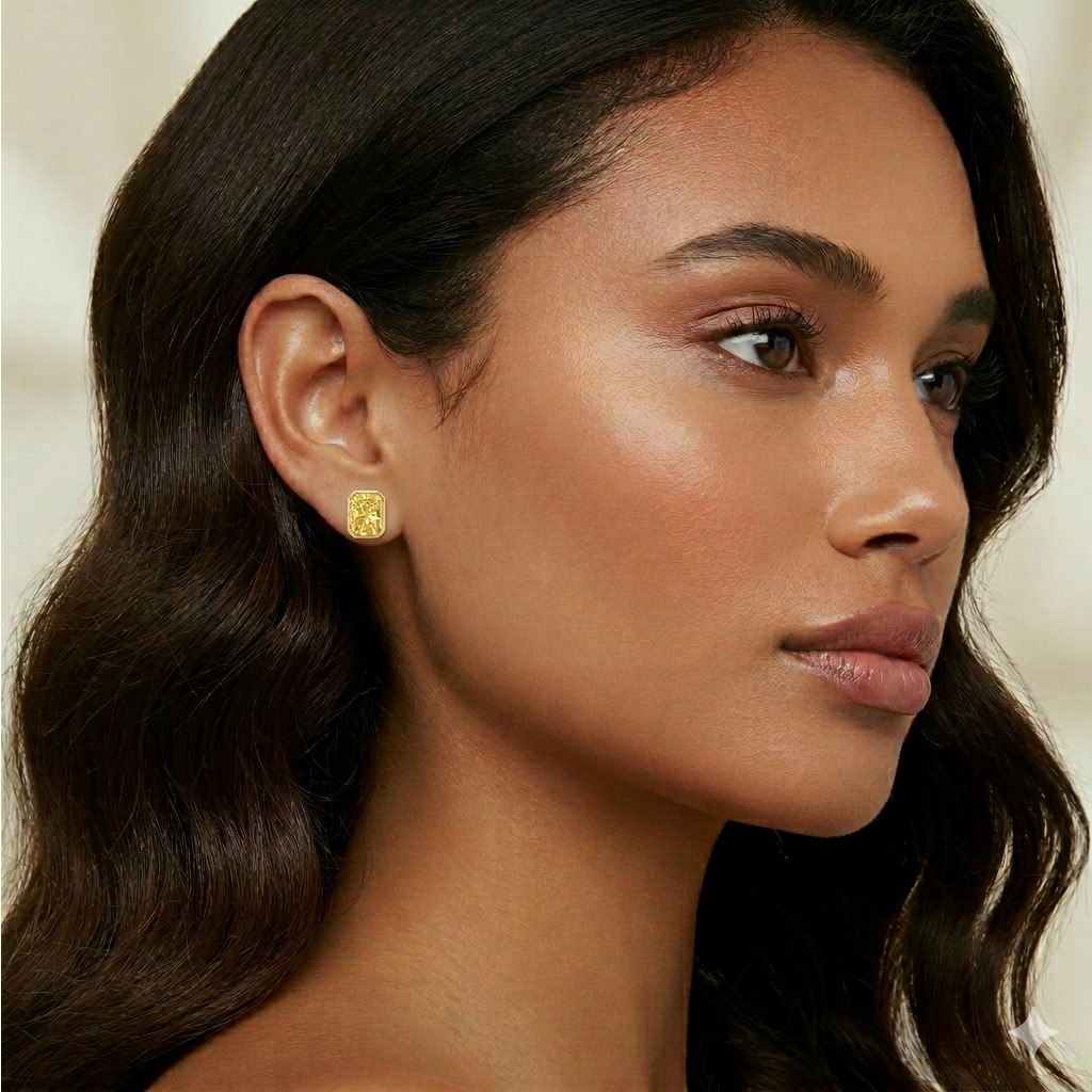 Bezel Set Fancy Yellow Radiant Cut Lab Grown Diamond Studs YG lifestyle