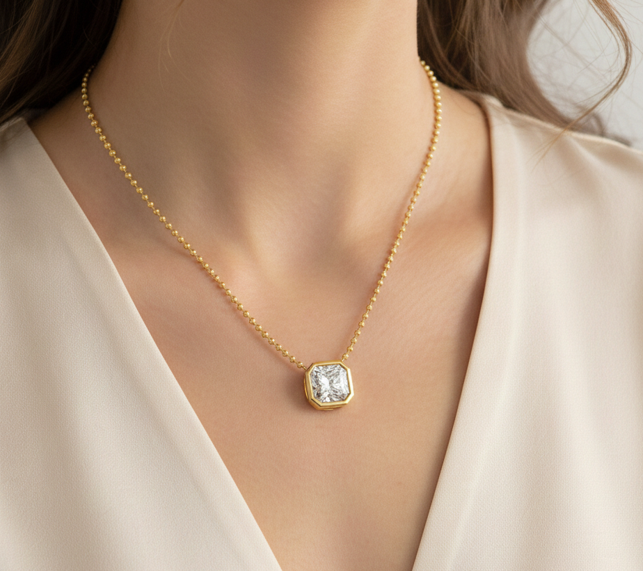 Cushion Cut Bezel Set in Ball Chain Lab Grown Diamond lifestyle image