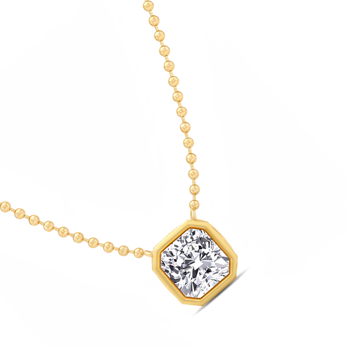 Cushion Cut Bezel Set in Ball Chain Lab Grown Diamond slant view