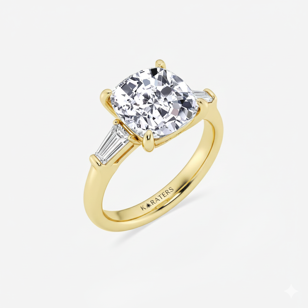 YG Cushion Cut Lab Grown Diamond with Side Accents Ring side view