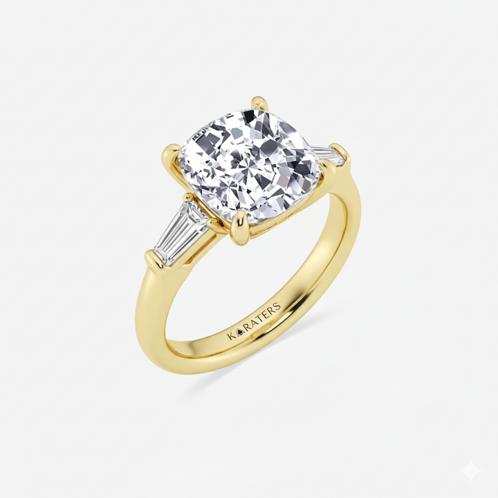 YG Cushion Cut Lab Grown Diamond with Side Accents Ring side view
