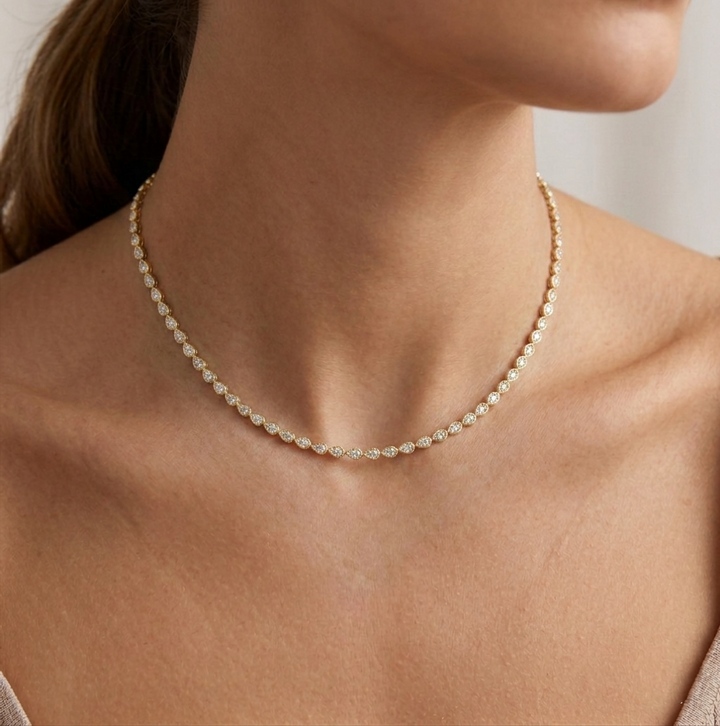 Bezel Set East-West Pear Shape Lab Grown Diamond Tennis Necklace Yellow Gold