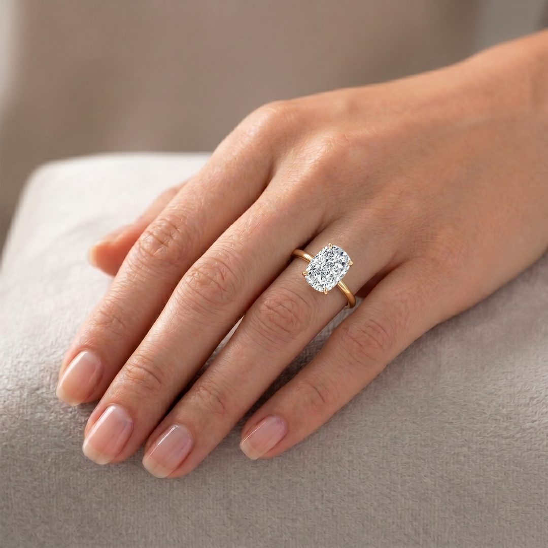 Cushion Cut Thin Band Solitaire Lab Grown Diamond Ring lifestyle YG