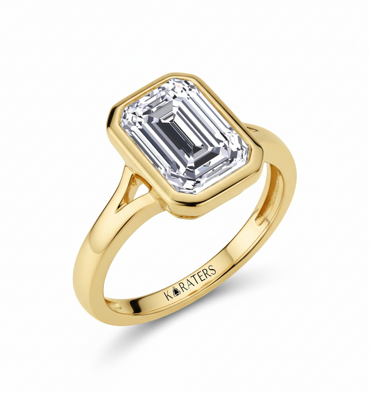 YG Split Shank Emerald Cut in Bezel Set Lab Grown Ring Side View