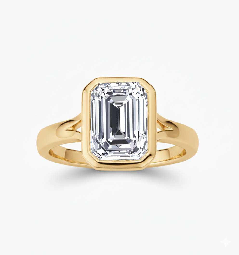 YG Split Shank Emerald Cut in Bezel Set Lab Grown Ring front view