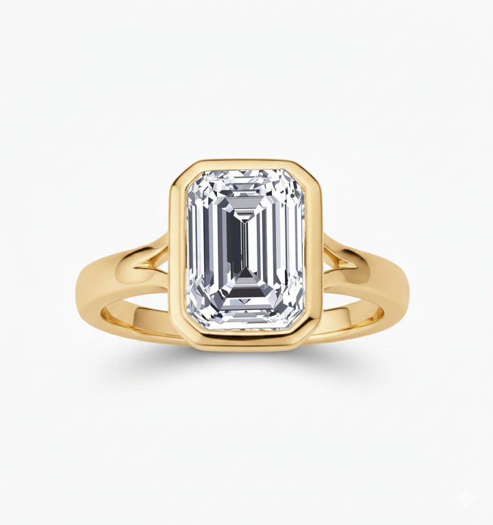 YG Split Shank Emerald Cut in Bezel Set Lab Grown Ring front view
