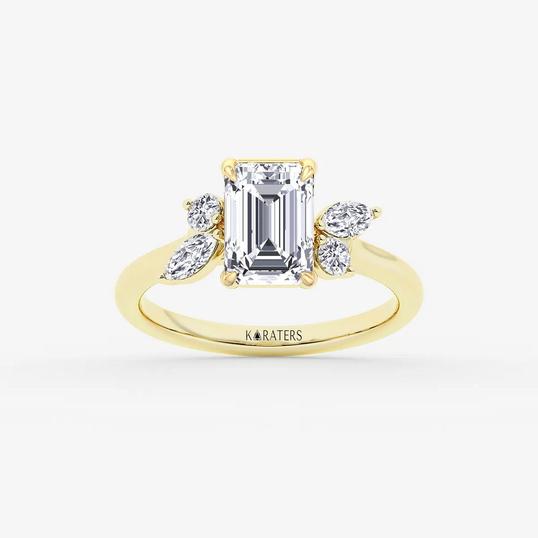 WG Emerald Lab Grown Diamond with Round & Marquise Side Stone top view
