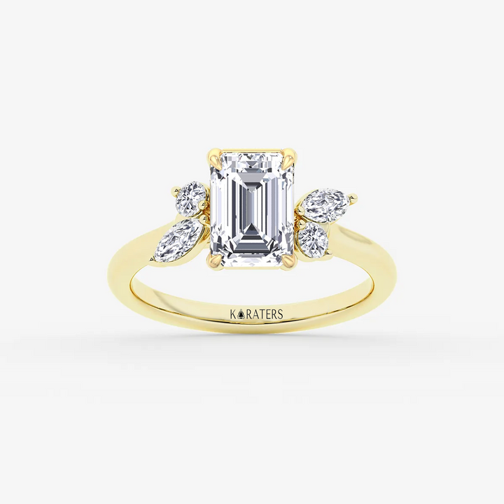 WG Emerald Lab Grown Diamond with Round & Marquise Side Stone top view