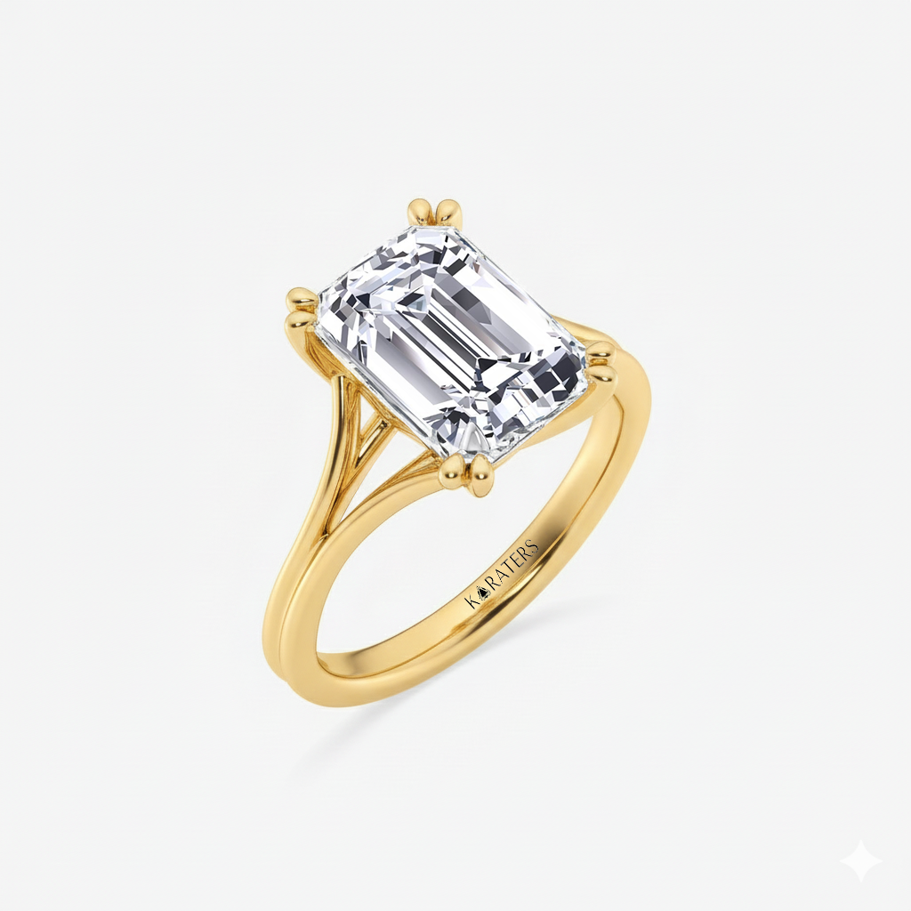 Yellow Gold Emerald Lab Grown Diamond Double Prong side view